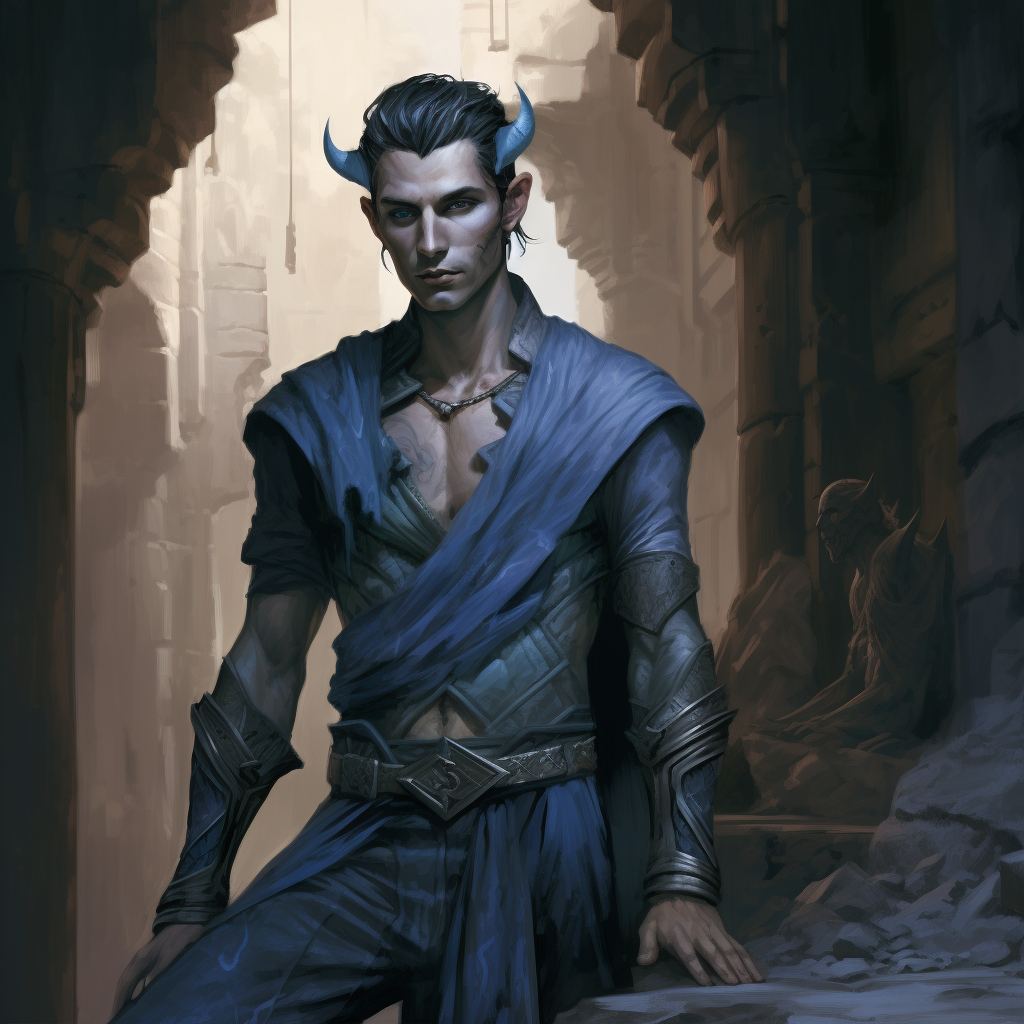 Handsome male tiefling warrior in blue skin