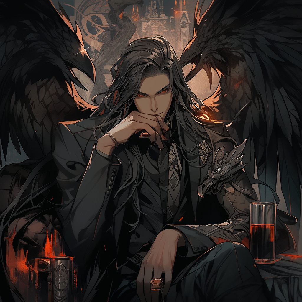 Stylish man with black dragon wings holding a glass of whiskey