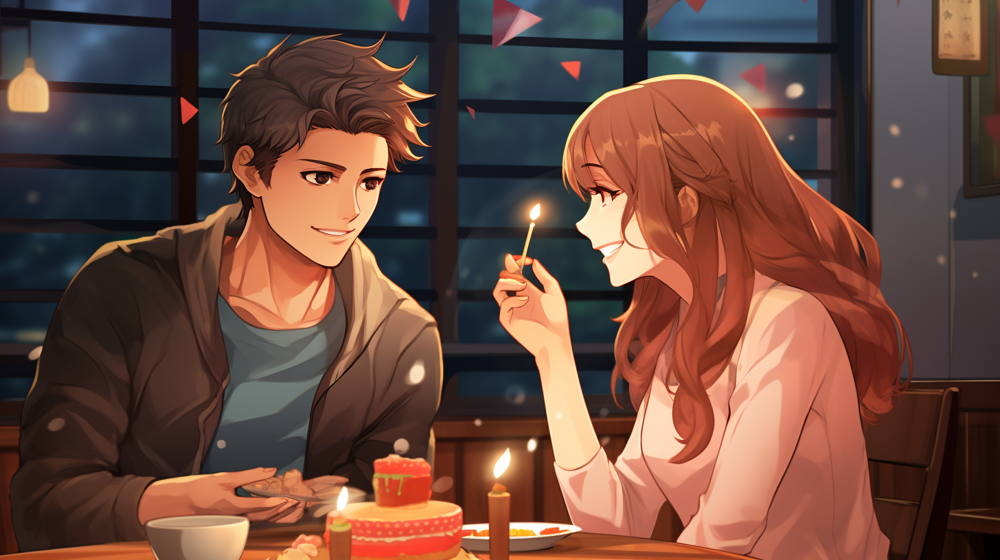 Anime style man blowing birthday candles