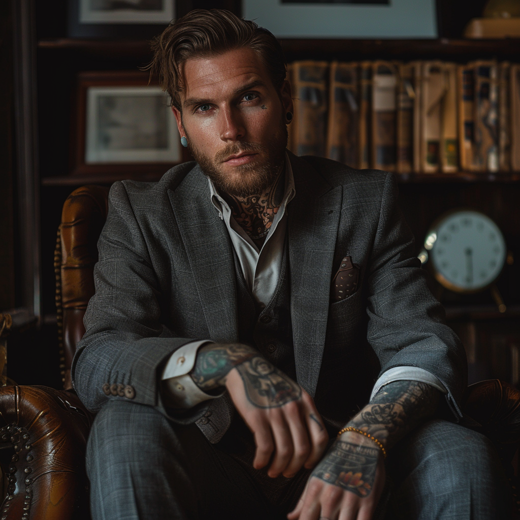 handsome man in suit with tattoos