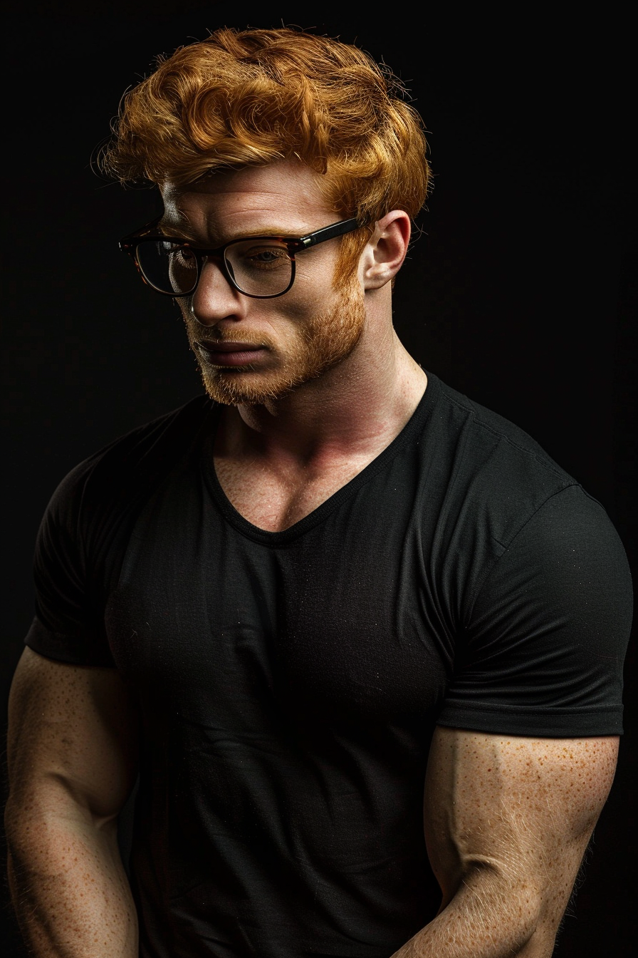 Muscular man with glasses brooding