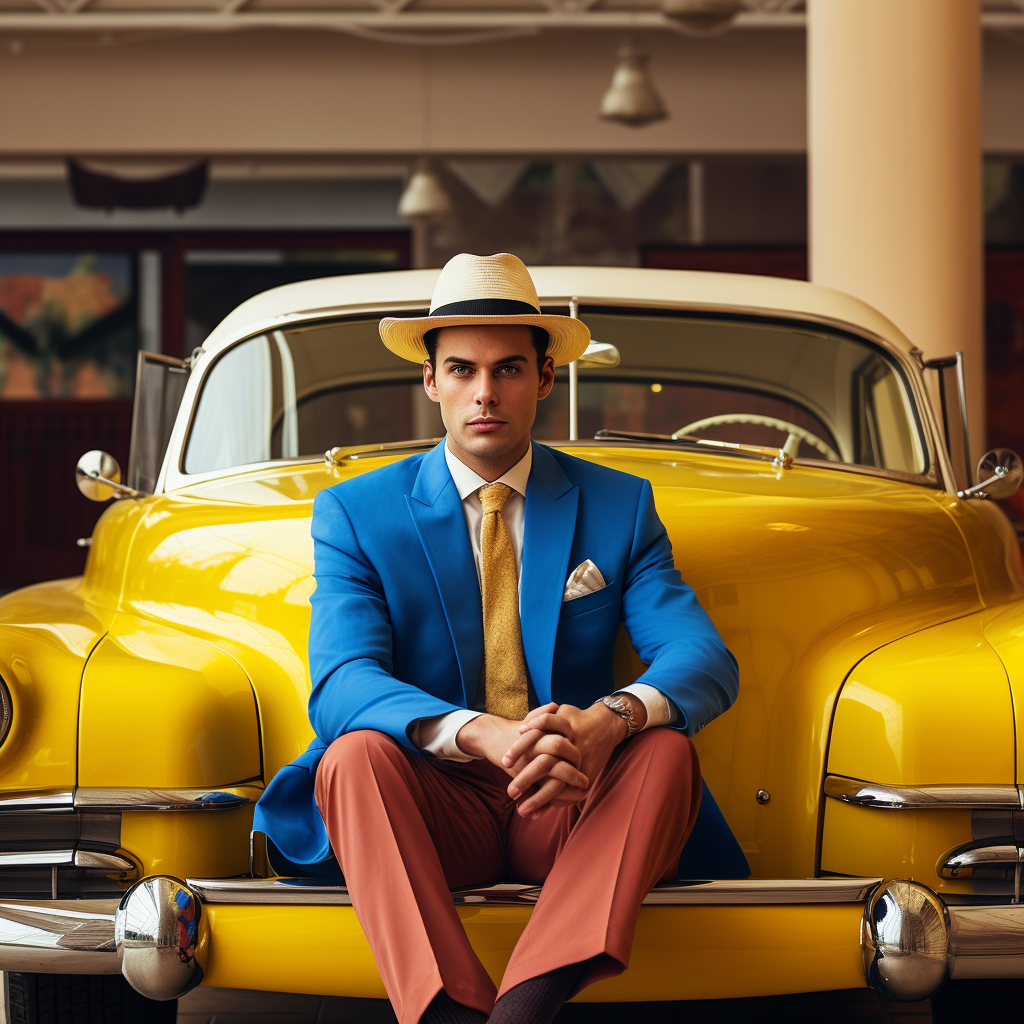 Handsome Man in Yellow Hat with Blue Convertible and Red Tufted Seats