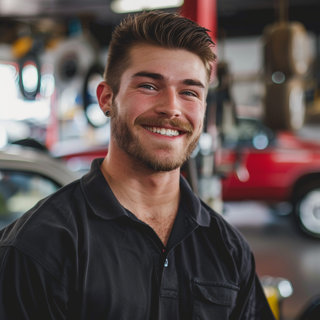 white mechanic black polo dealership