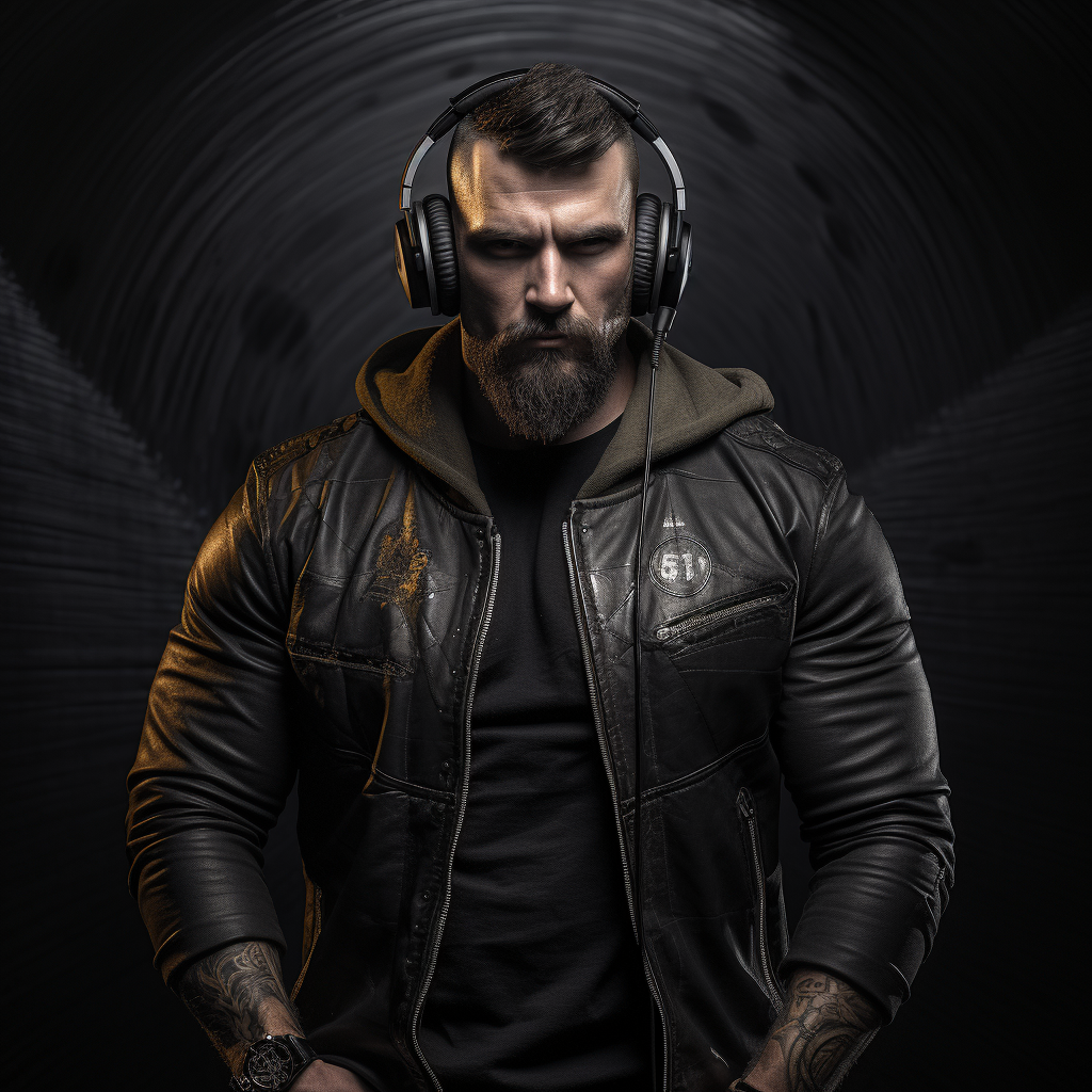 30-year-old muscle man wearing headphones