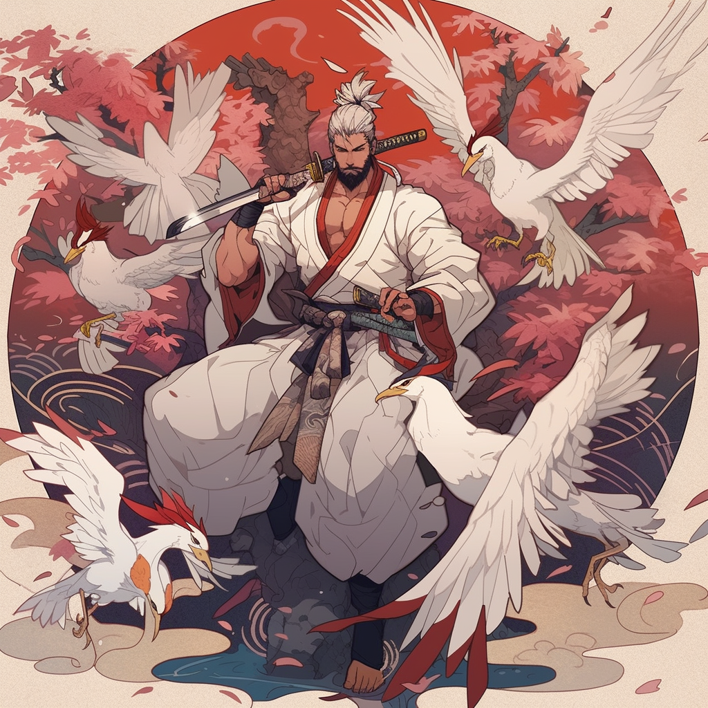 Samurai with majestic white crane spirit