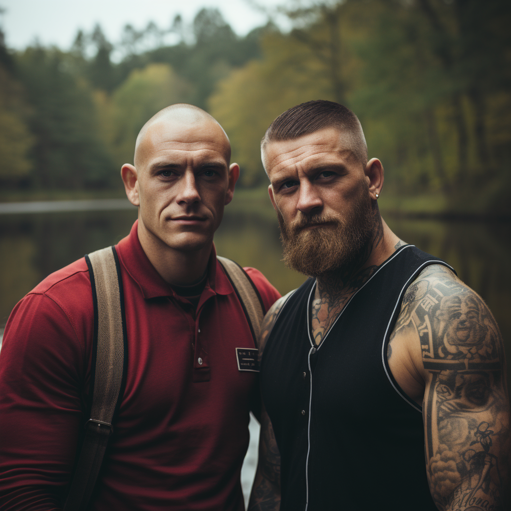 Handsome Muscular Swimmer Dad and Son by the Lake