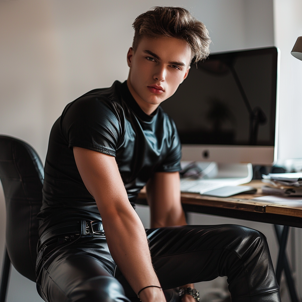 Young man in leather sitting