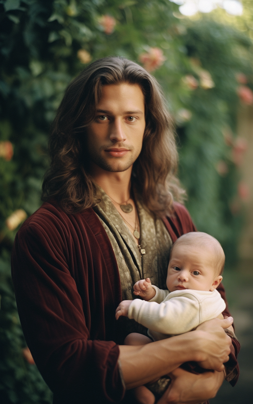 Prince holding baby in outdoor setting