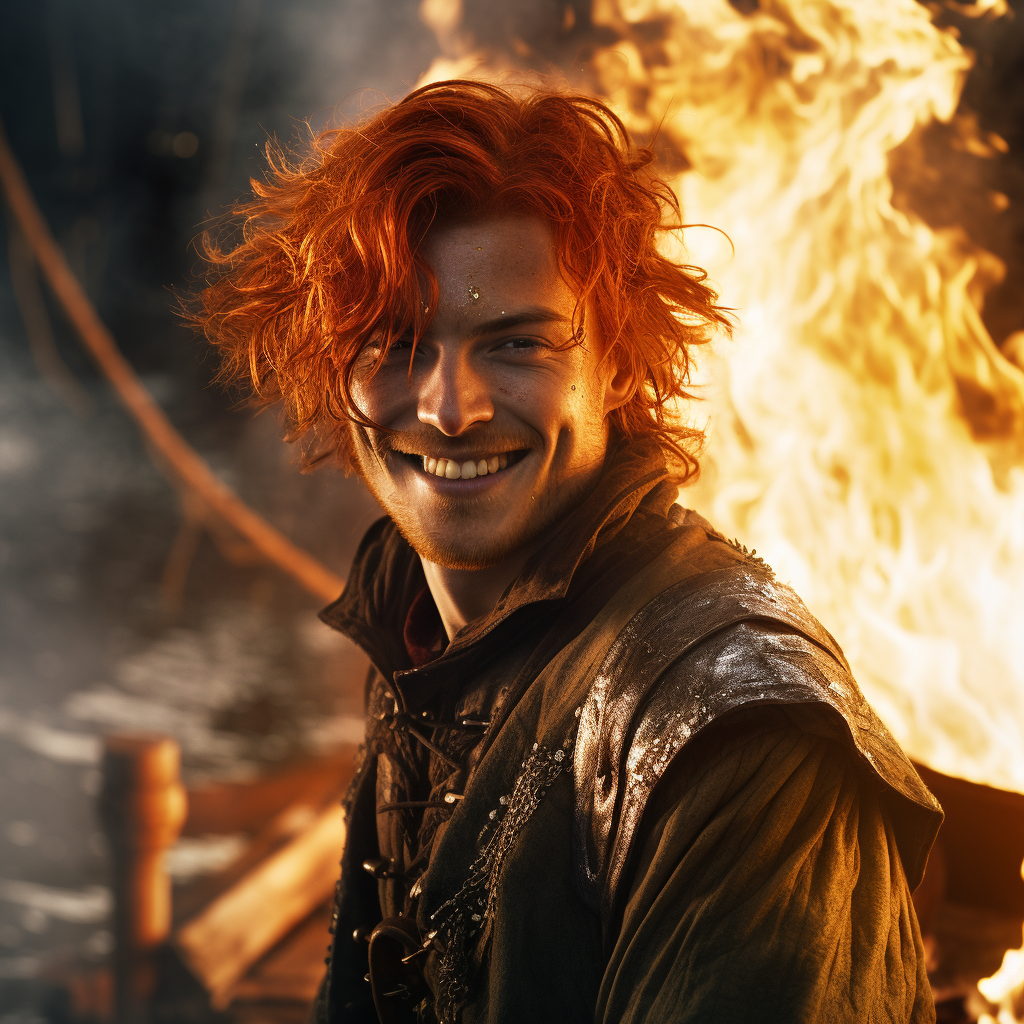 Red-haired Knight Smiling with Burning Ship in Background