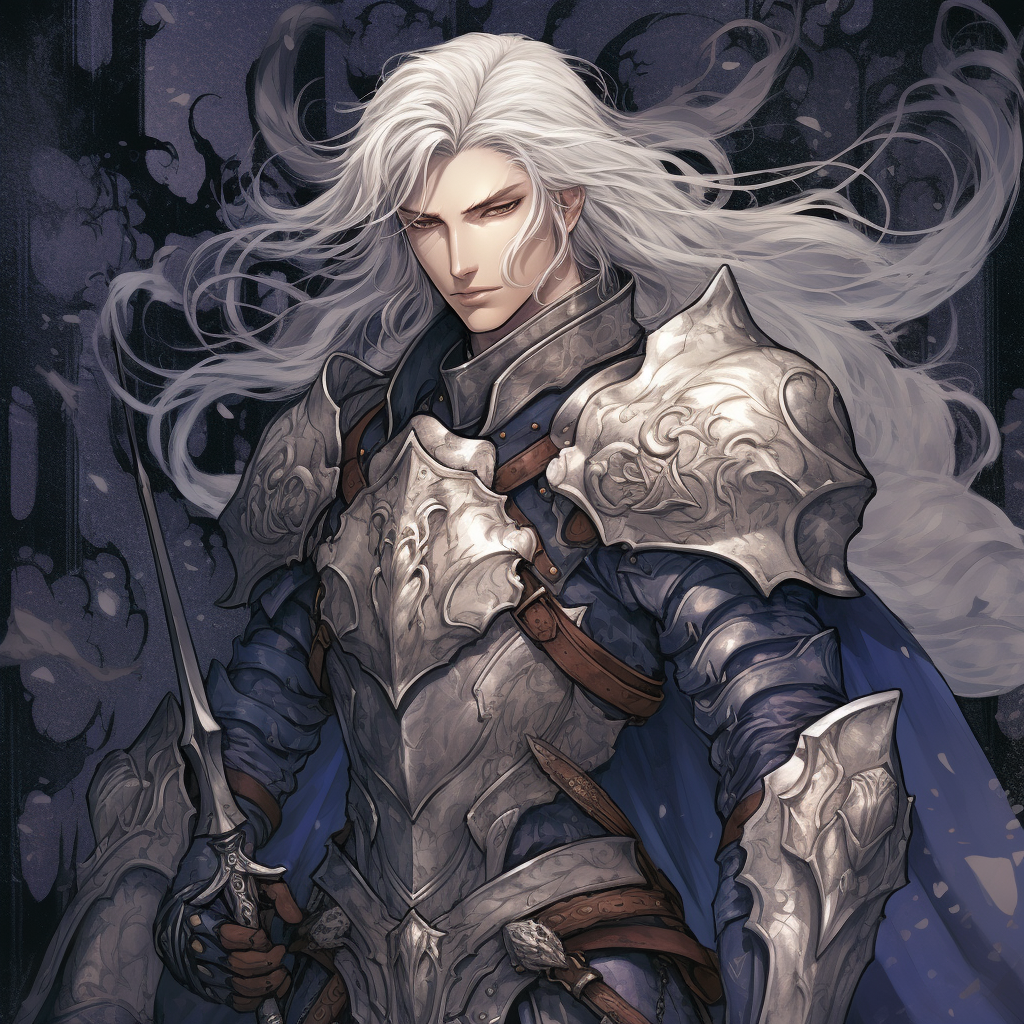 Handsome knight in silver armor with blue engravings