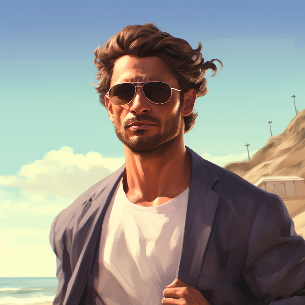 Handsome surfer in sophisticated surf clothes on a wonderful beach