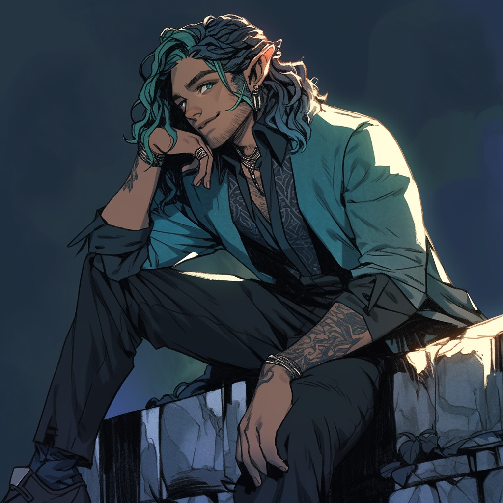 Midjourney AI prompt: handsome teal-haired bad boy traveler