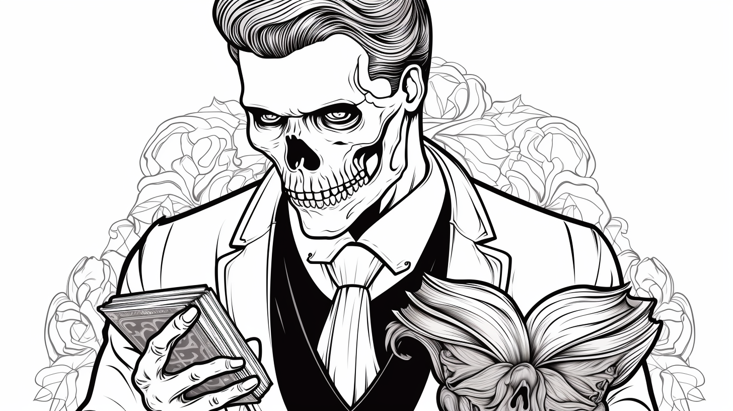 Handsome vampire holding skull in black and white