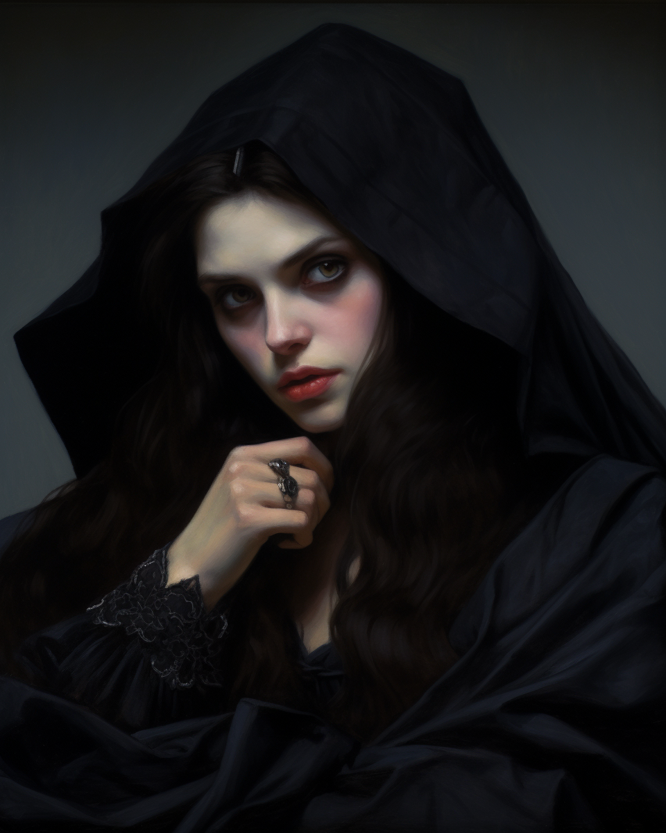 Portrait of a Handsome Vampire Woman with Long Black Hair