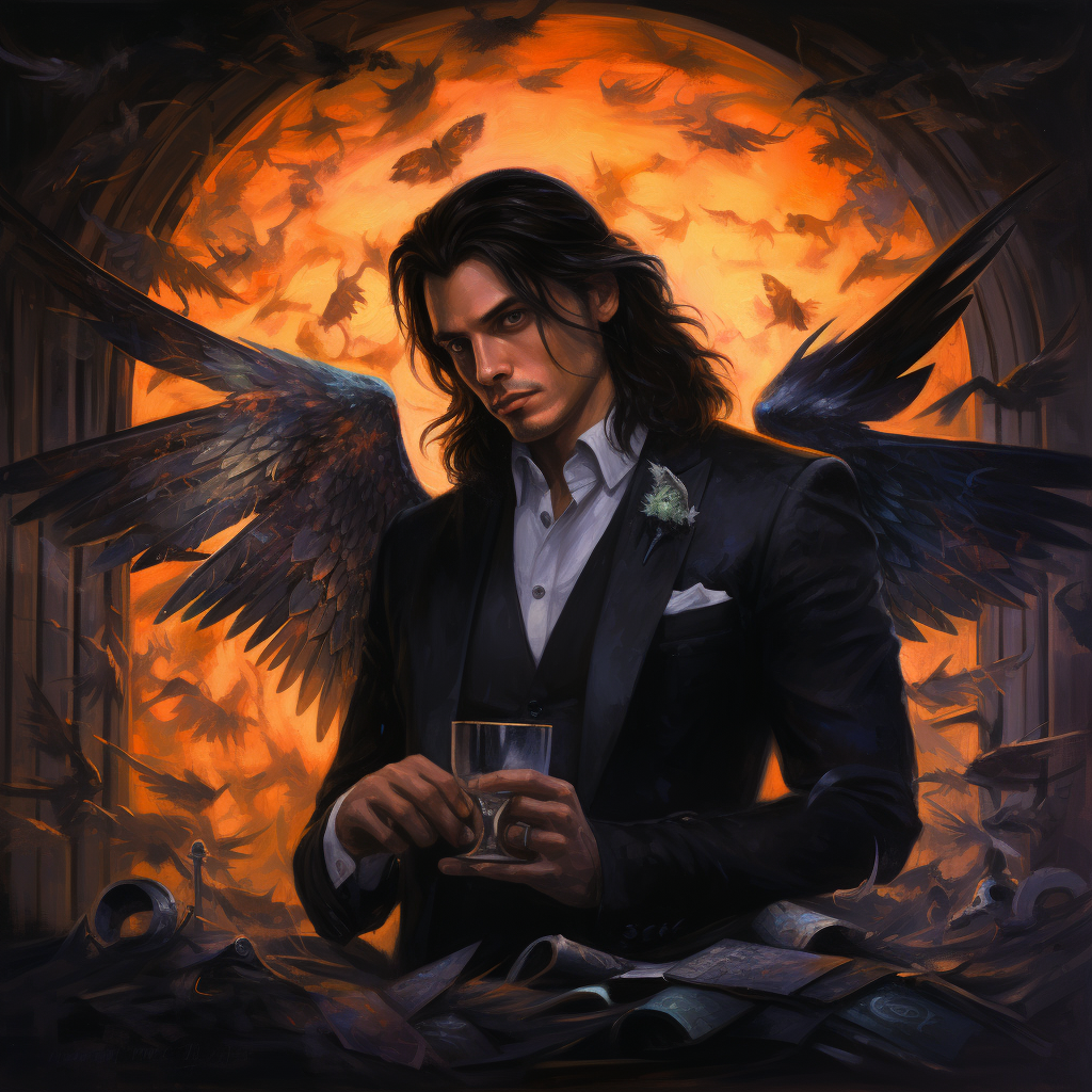 Handsome man in black suit with whiskey and magpie