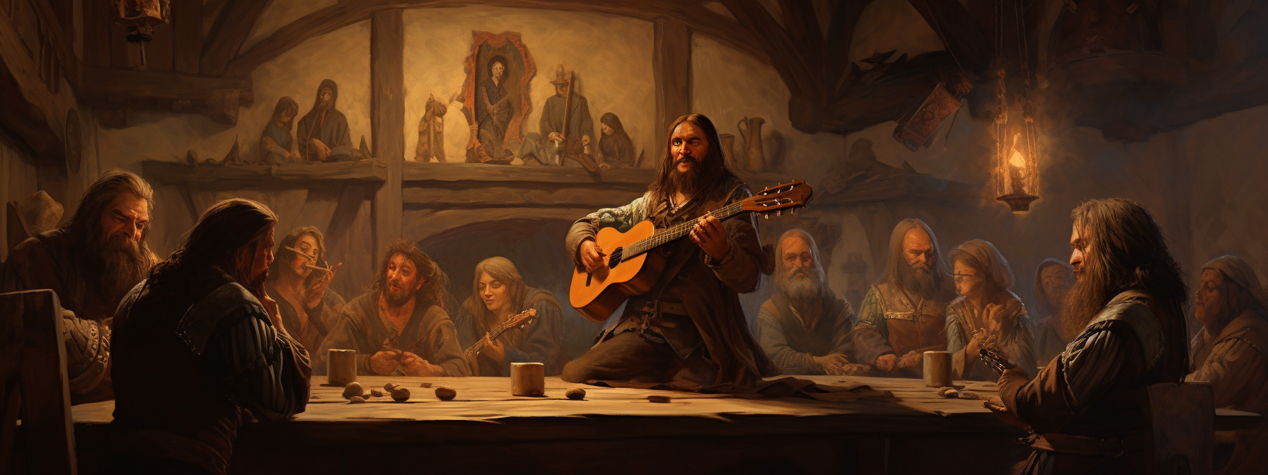 Bard plays lute on tavern stage