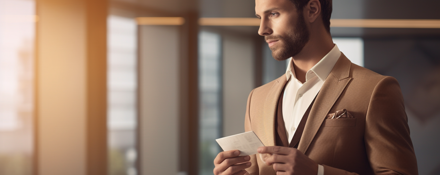 Smart casual man holding card