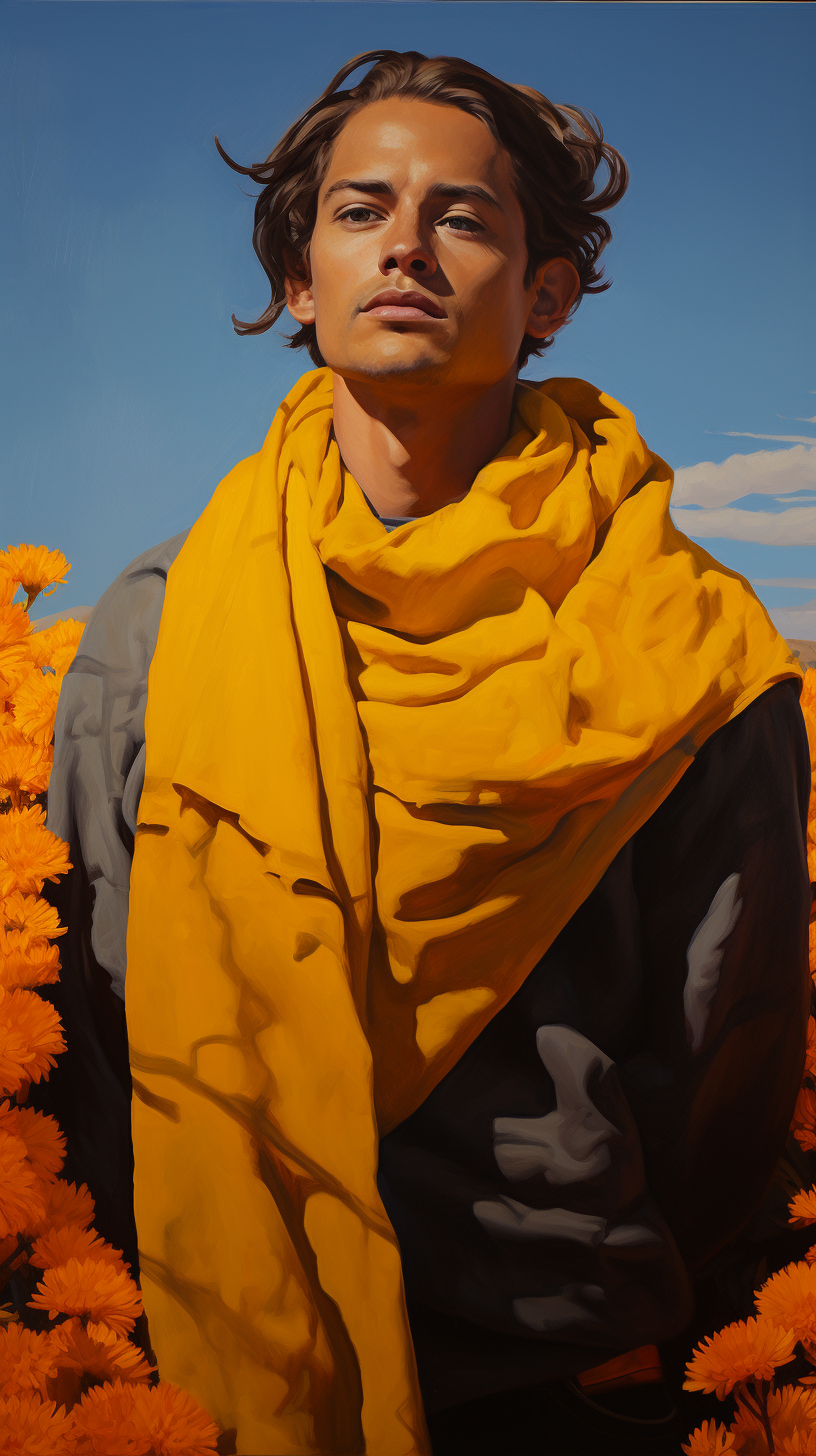 Handsome man in blanket surrounded by marigolds and rabbitbrush