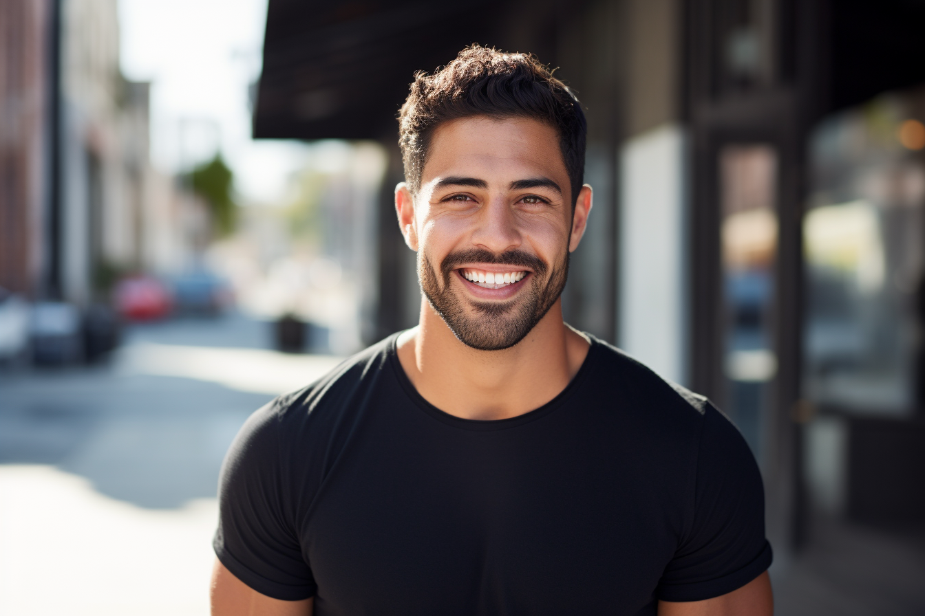 Smiling Hispanic Man in Black Jersey