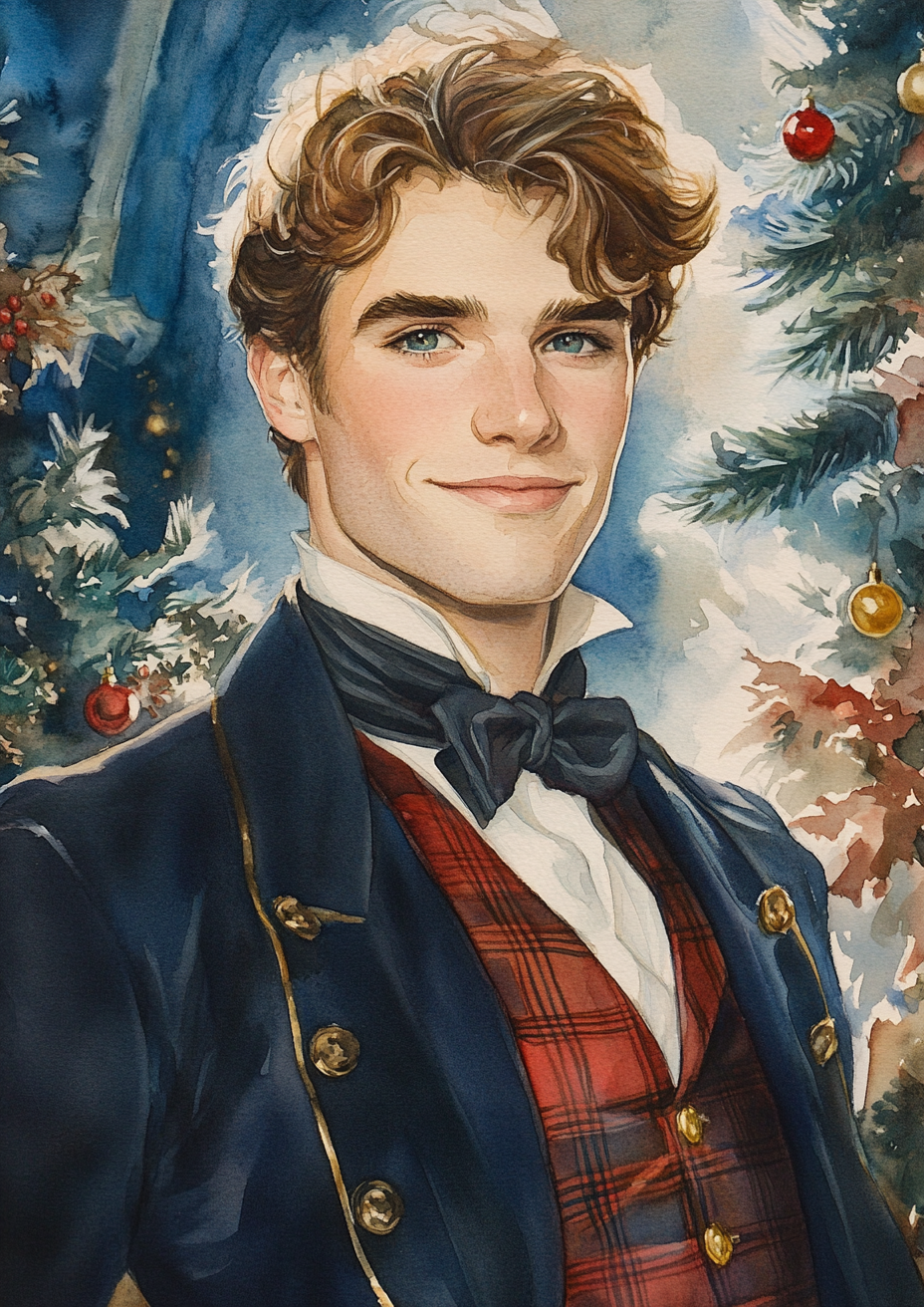 Young man in Victorian Christmas scene