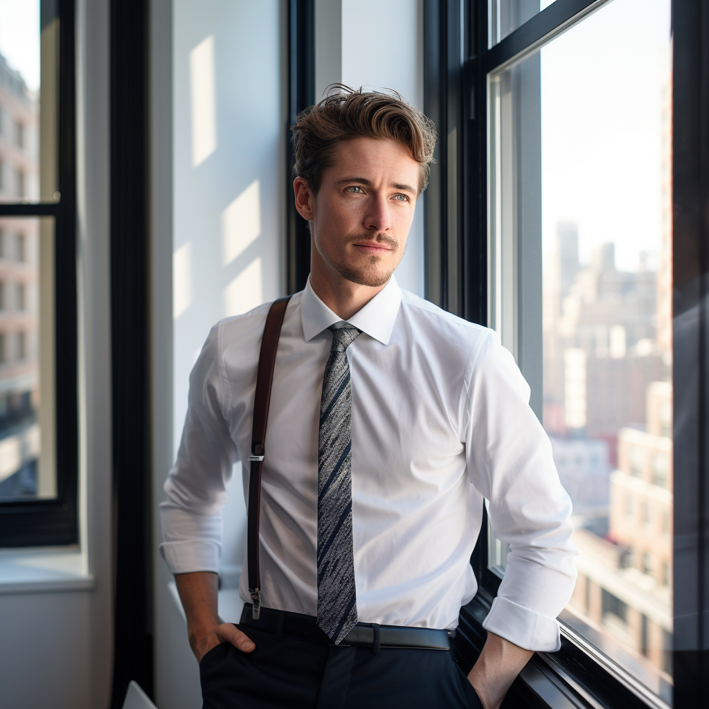 Handsome man working near office window