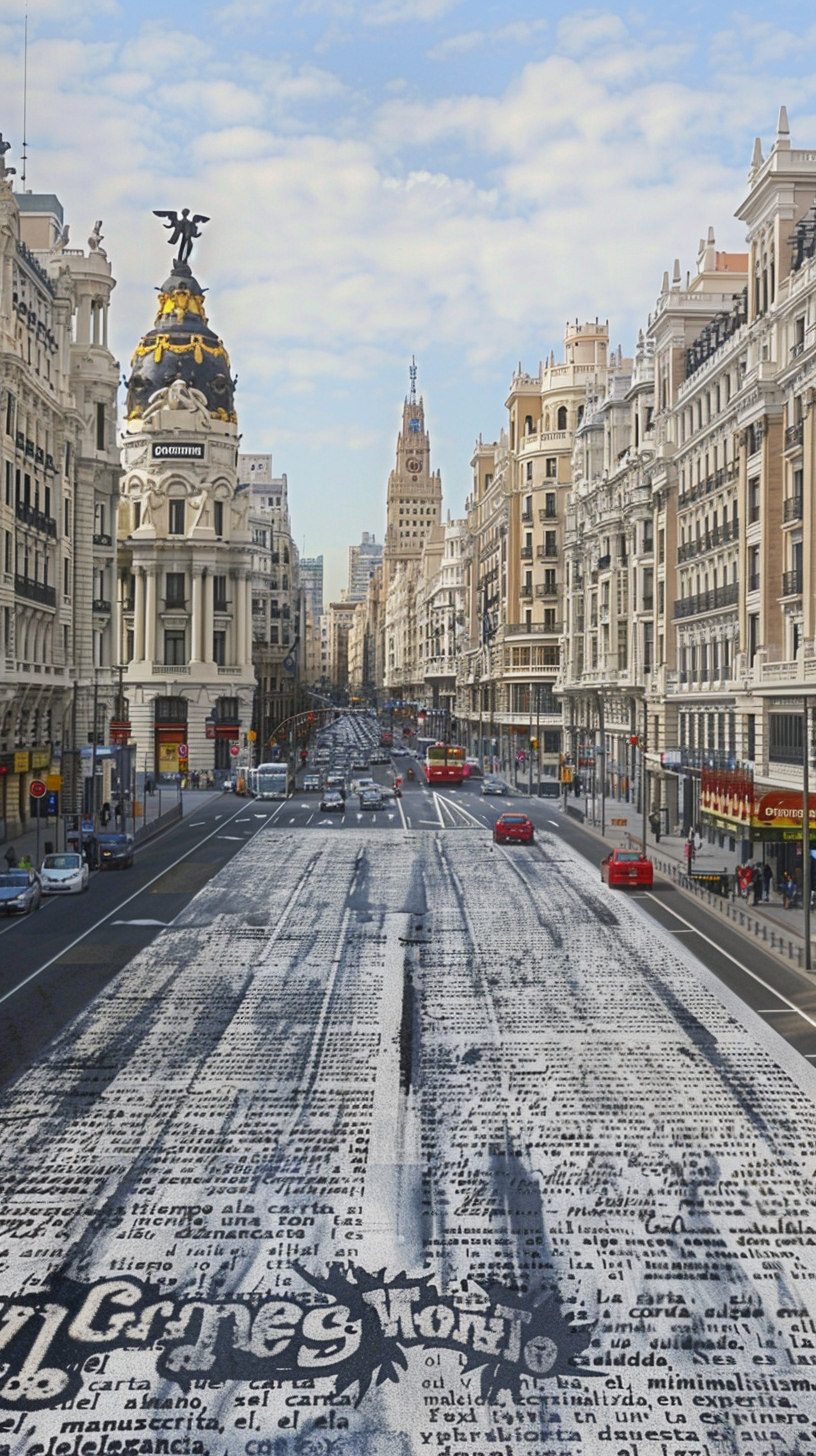 White text on Gran Via road