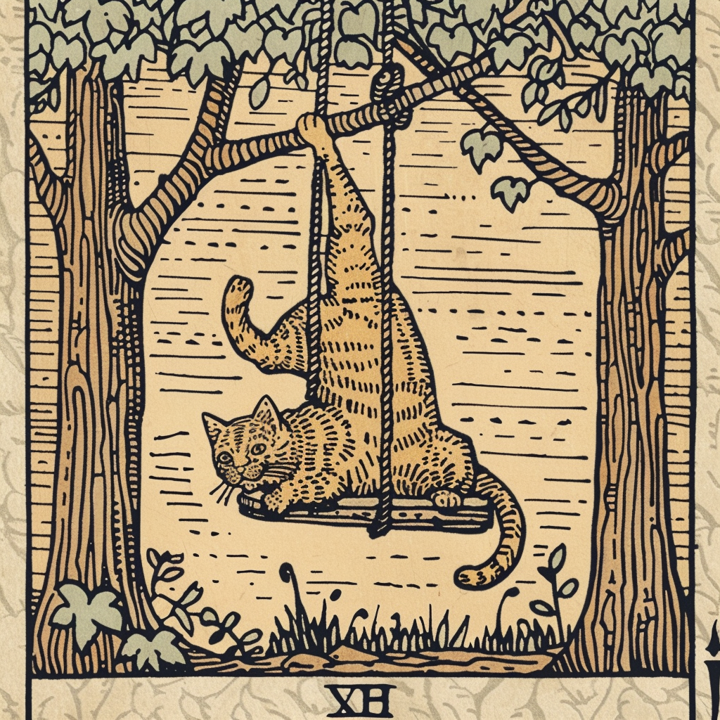 Cat hanged man tarot woodcut