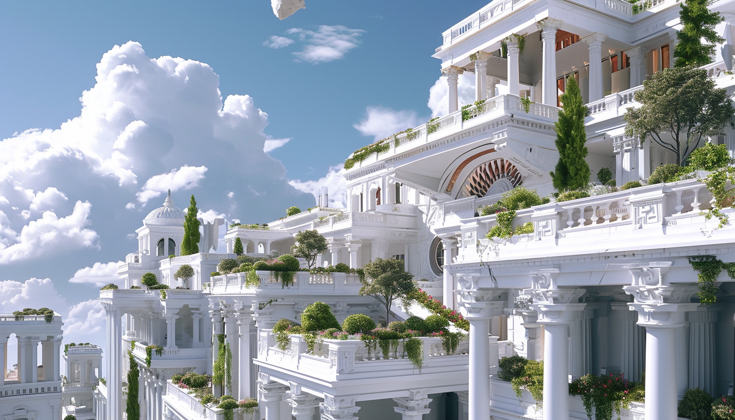 Hanging gardens, Greek architecture, beautiful design