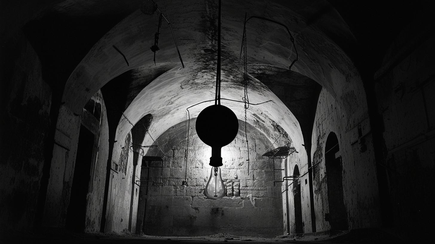 Hanging Lightbulb in Dirty Prison Room