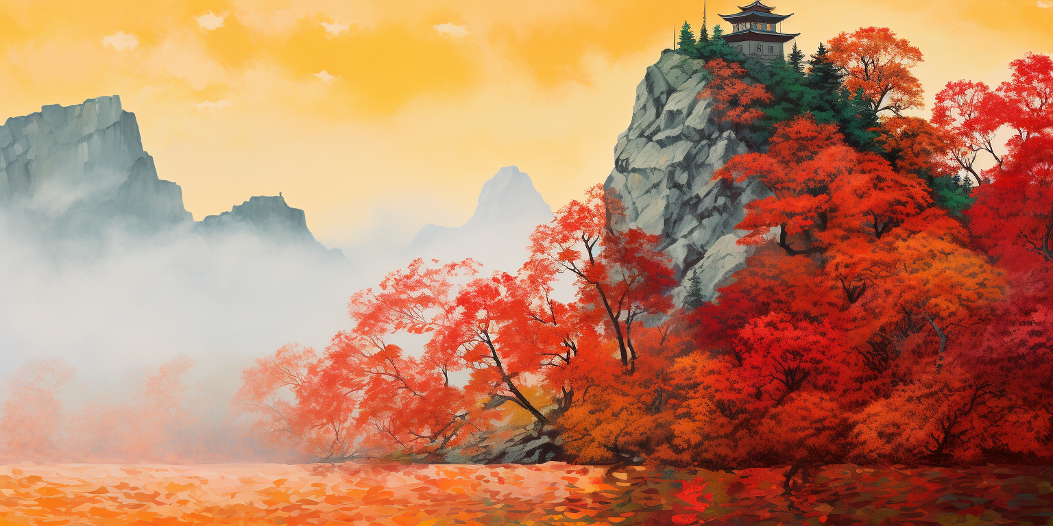 Beautiful autumn scene with castle, rock, and maple tree