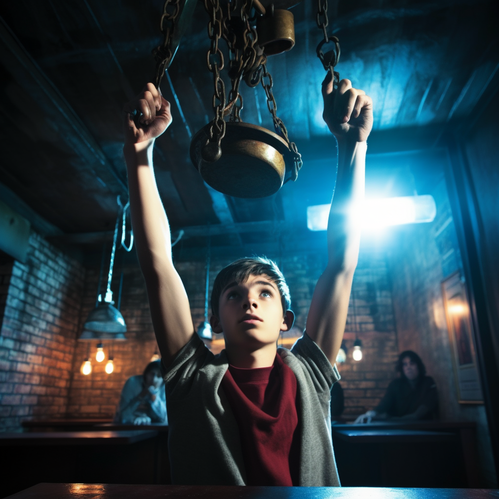 Teenage boy hanging from bar