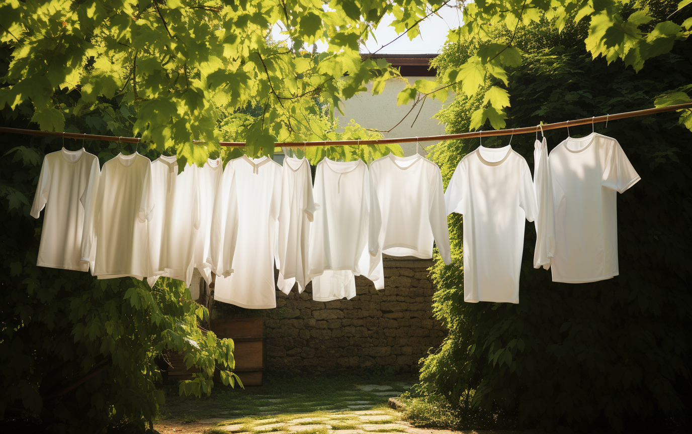 White shirts drying in green yard