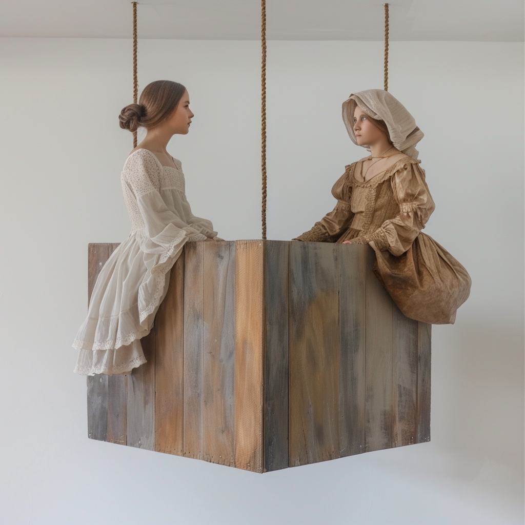 Hanging wooden cube with fair models