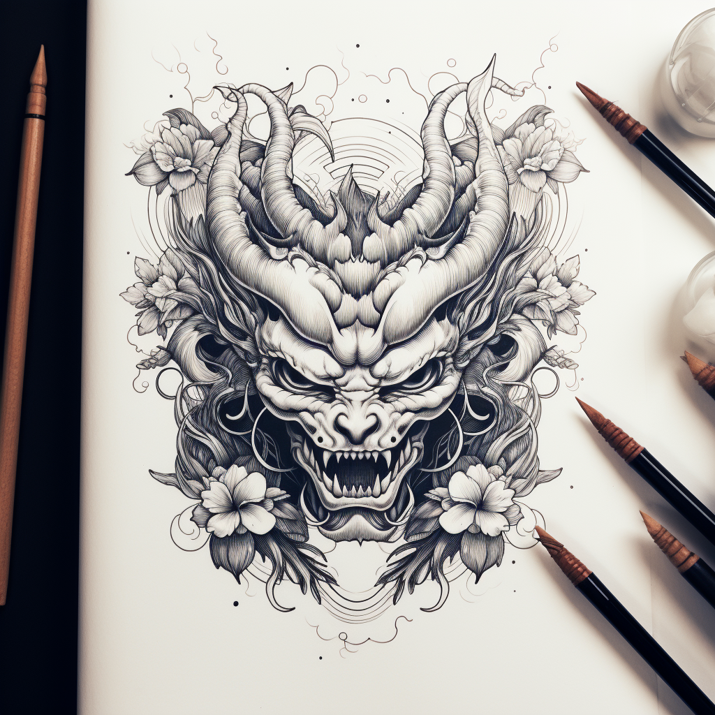 Blackwork Japanese Hannya Mask with snake illustration