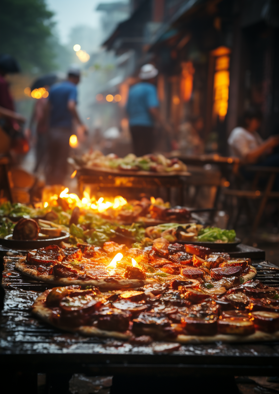 Street hawker grilling Vietnamese pizzas