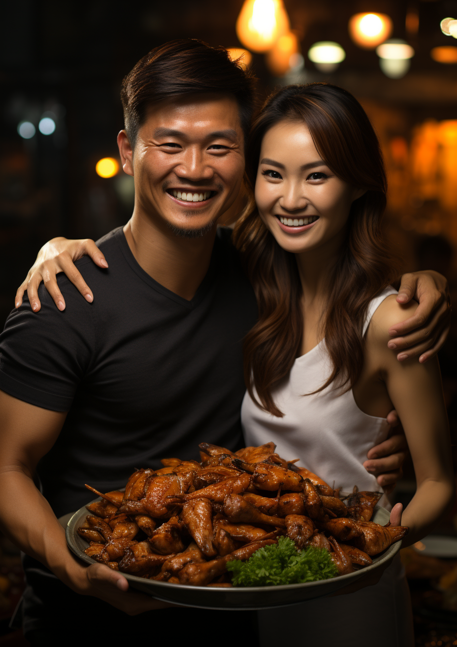 Asian couple enjoying crispy chicken wings in Hanoi