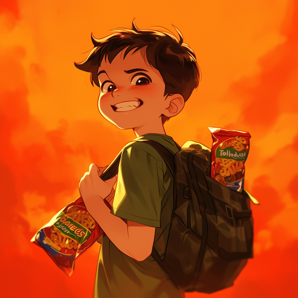 Boy holding big bag of Cheetos