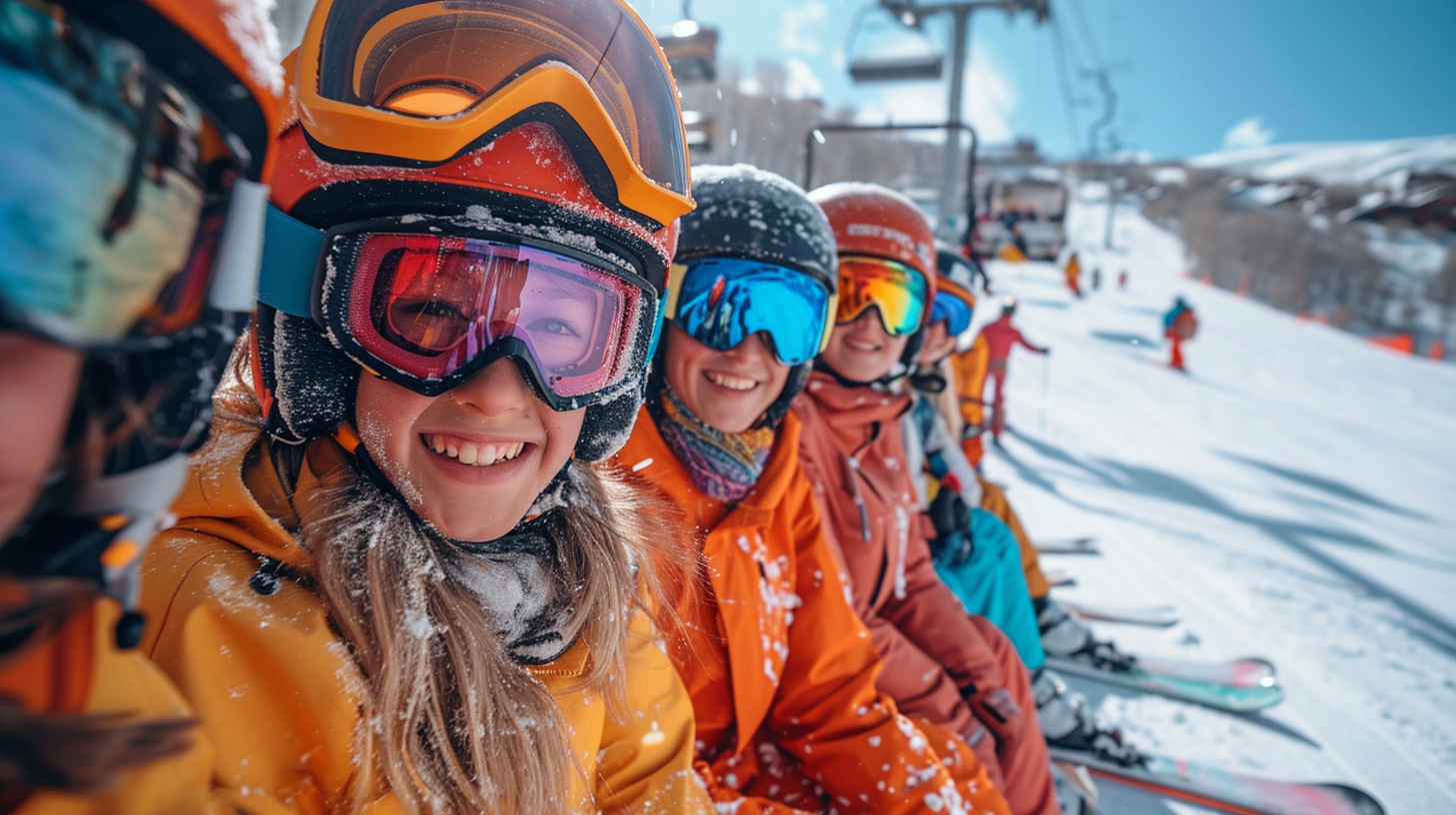 Happy adults and children skiing