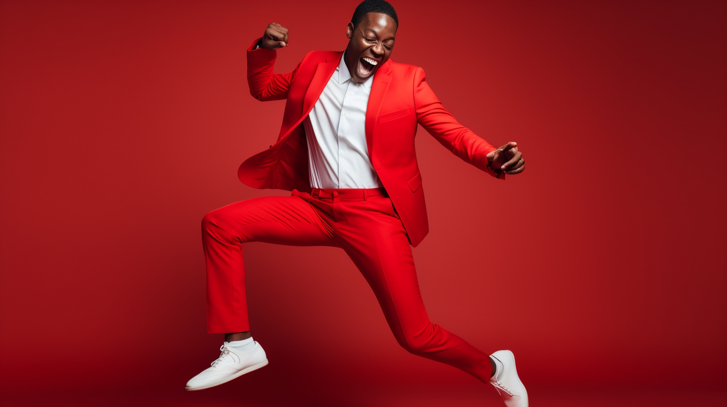 Smiling African American Dancing in Red Suit