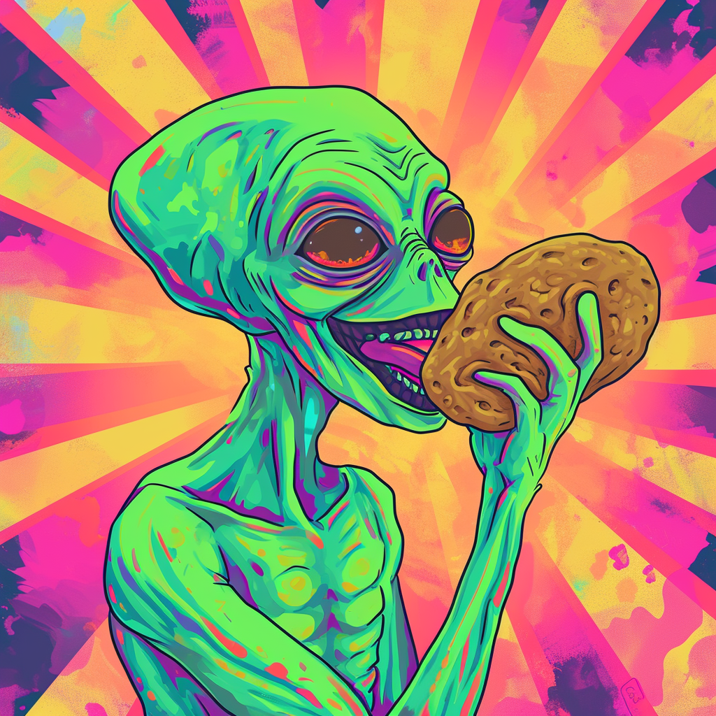 Alien eating human-shaped cookie