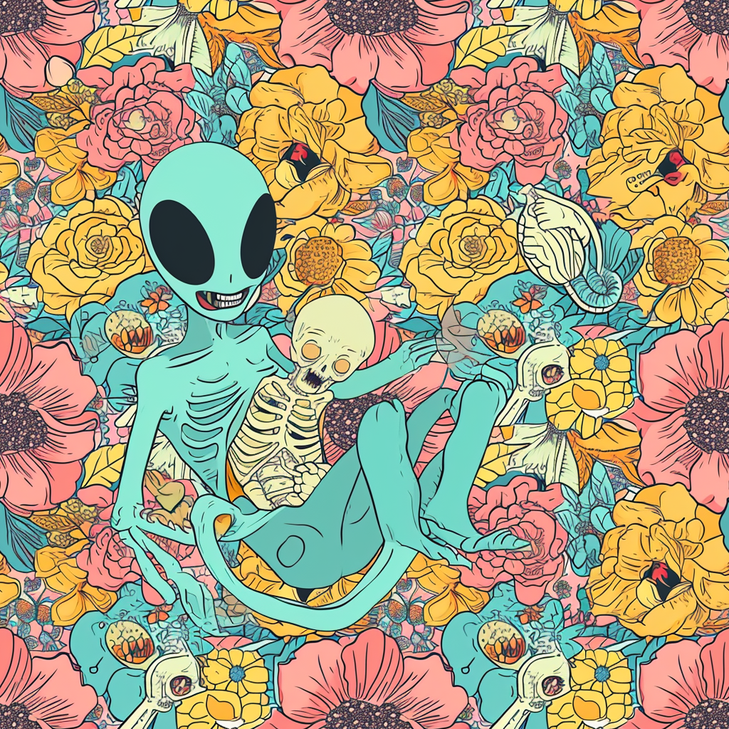 Floral pattern with happy alien eating miniature human body