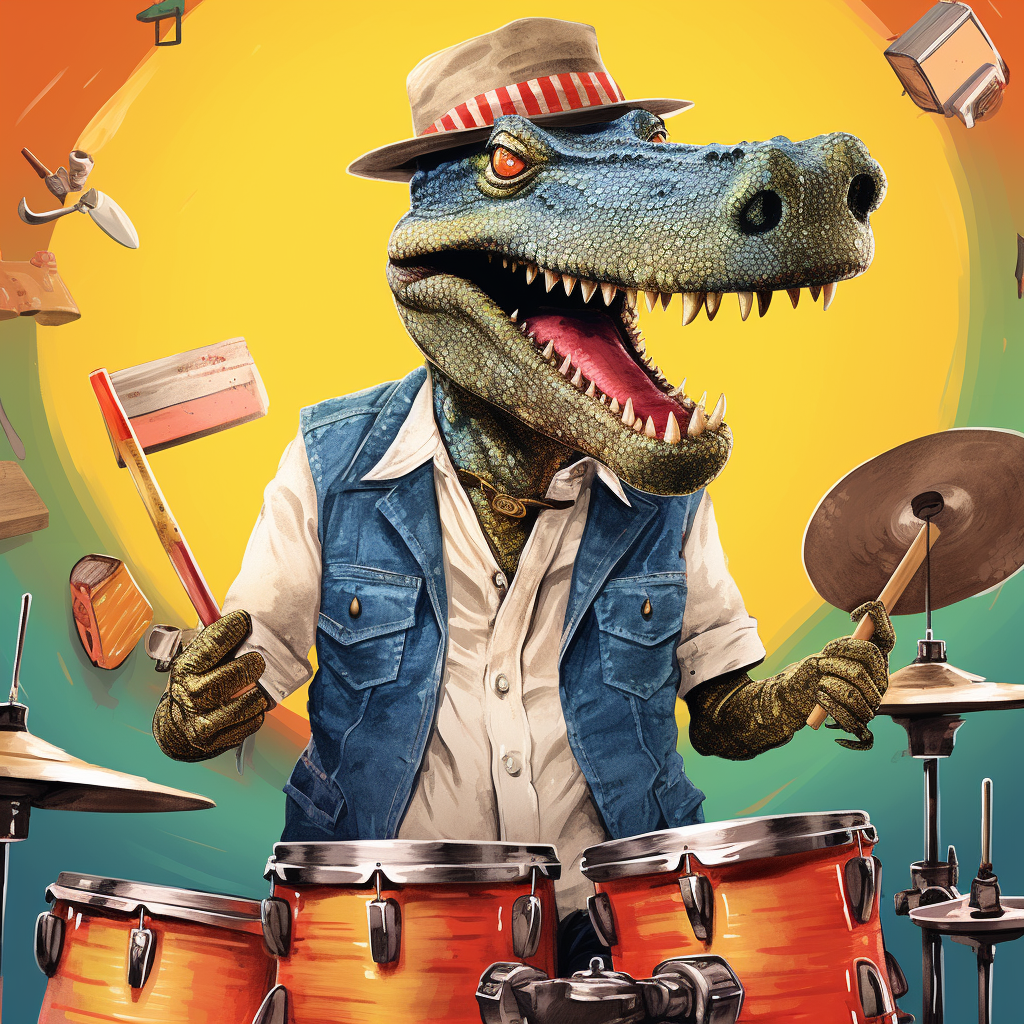 Alligator playing drums in a denim vest