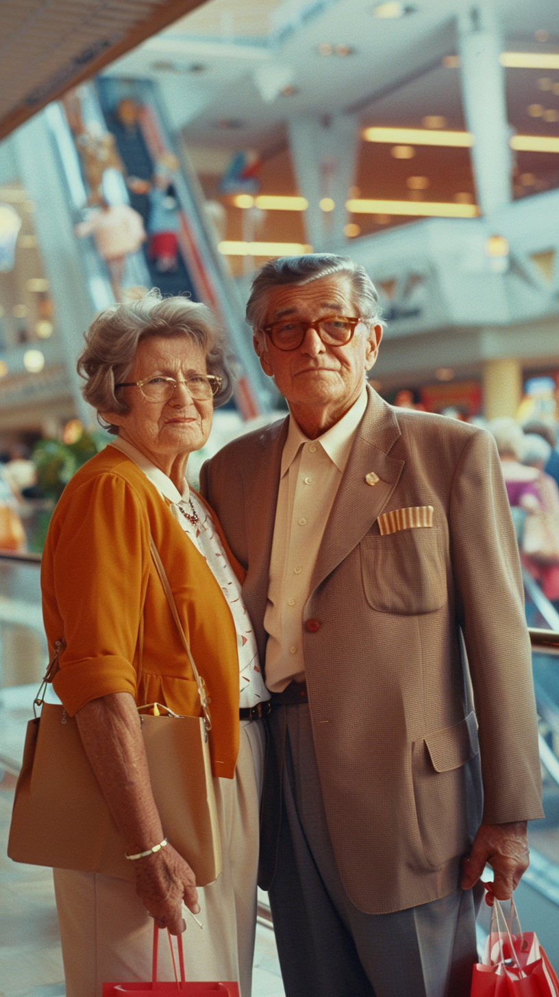 Elderly shoppers enjoying 1960s pop culture