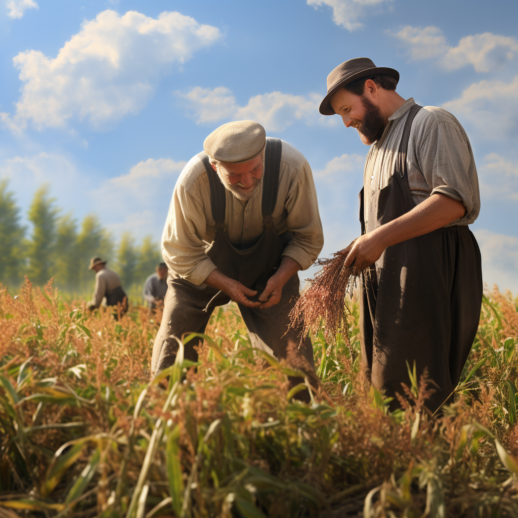 Amish farmers working joyfully in field