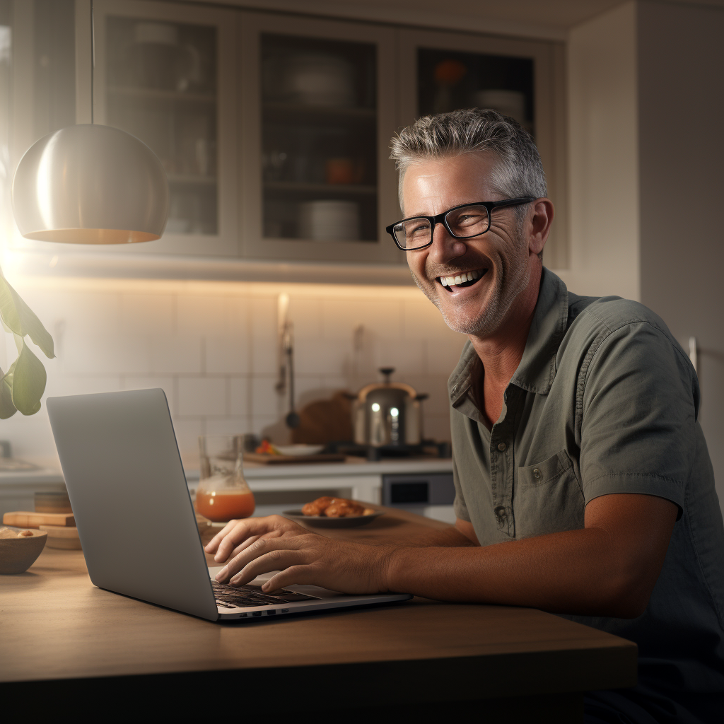 Happy person approved for mortgage in kitchen