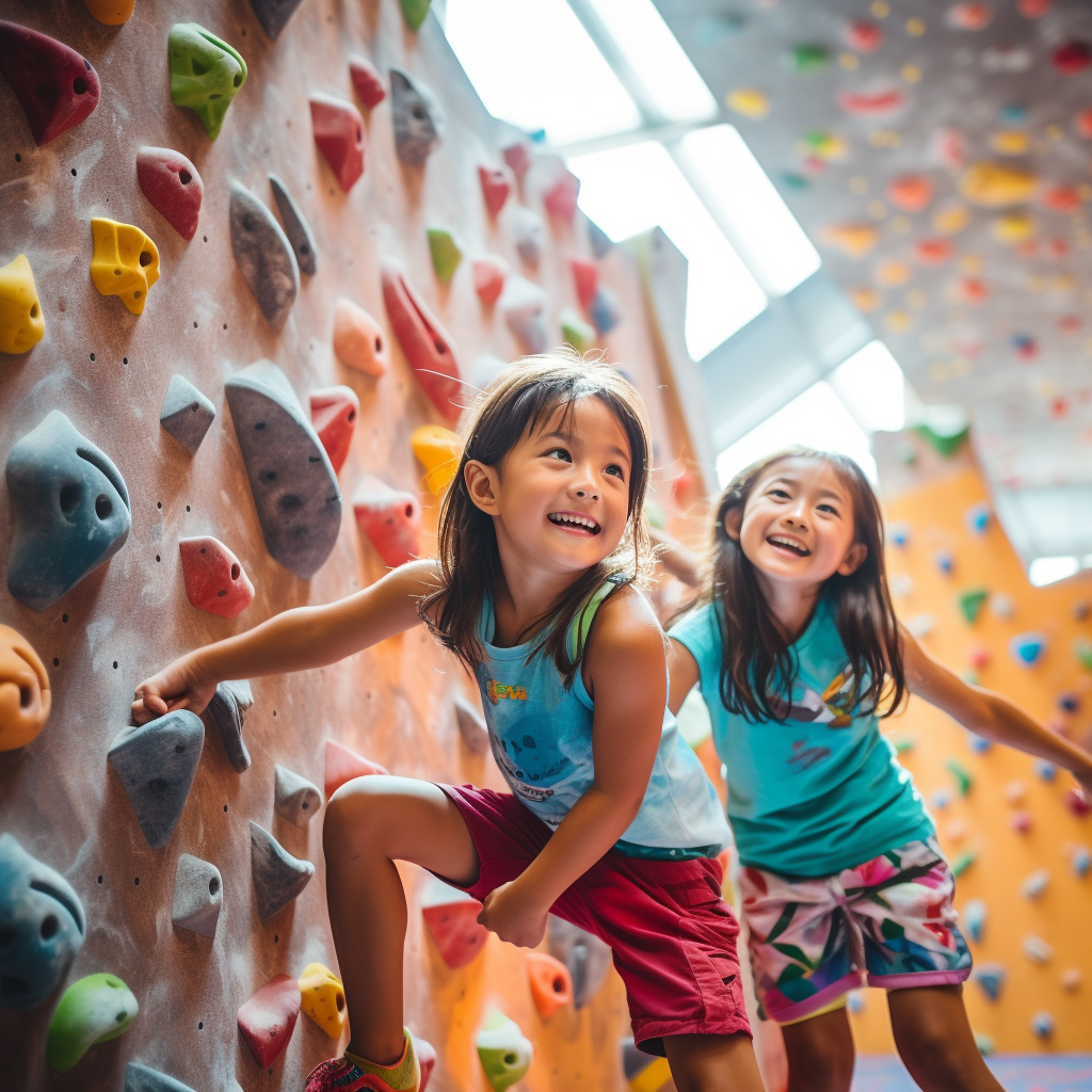 Happy Asian Boy and Two Girls Bouldering