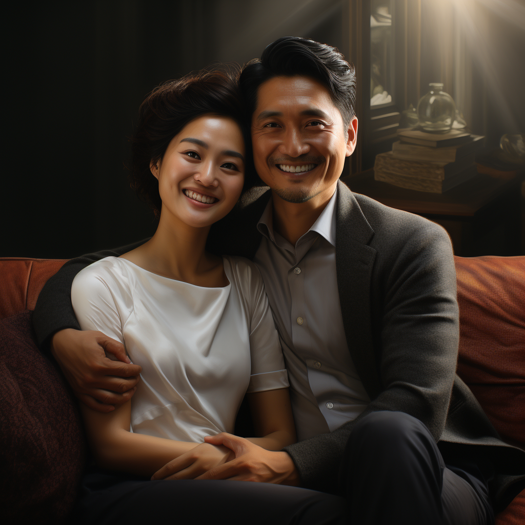 Happy Asian couple on grey sofa