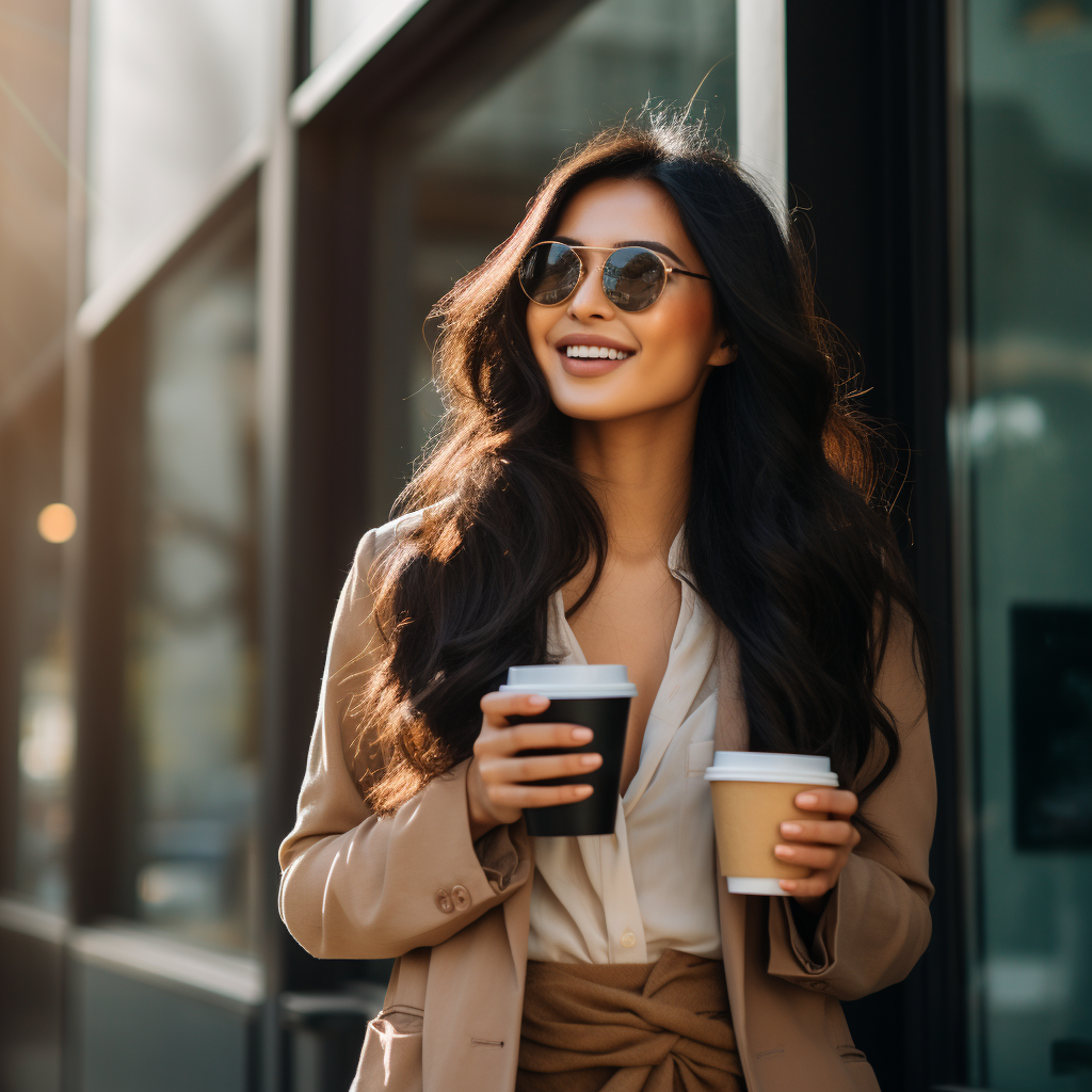 Happy Asian Woman with Coffee outside Business Office (6 words)