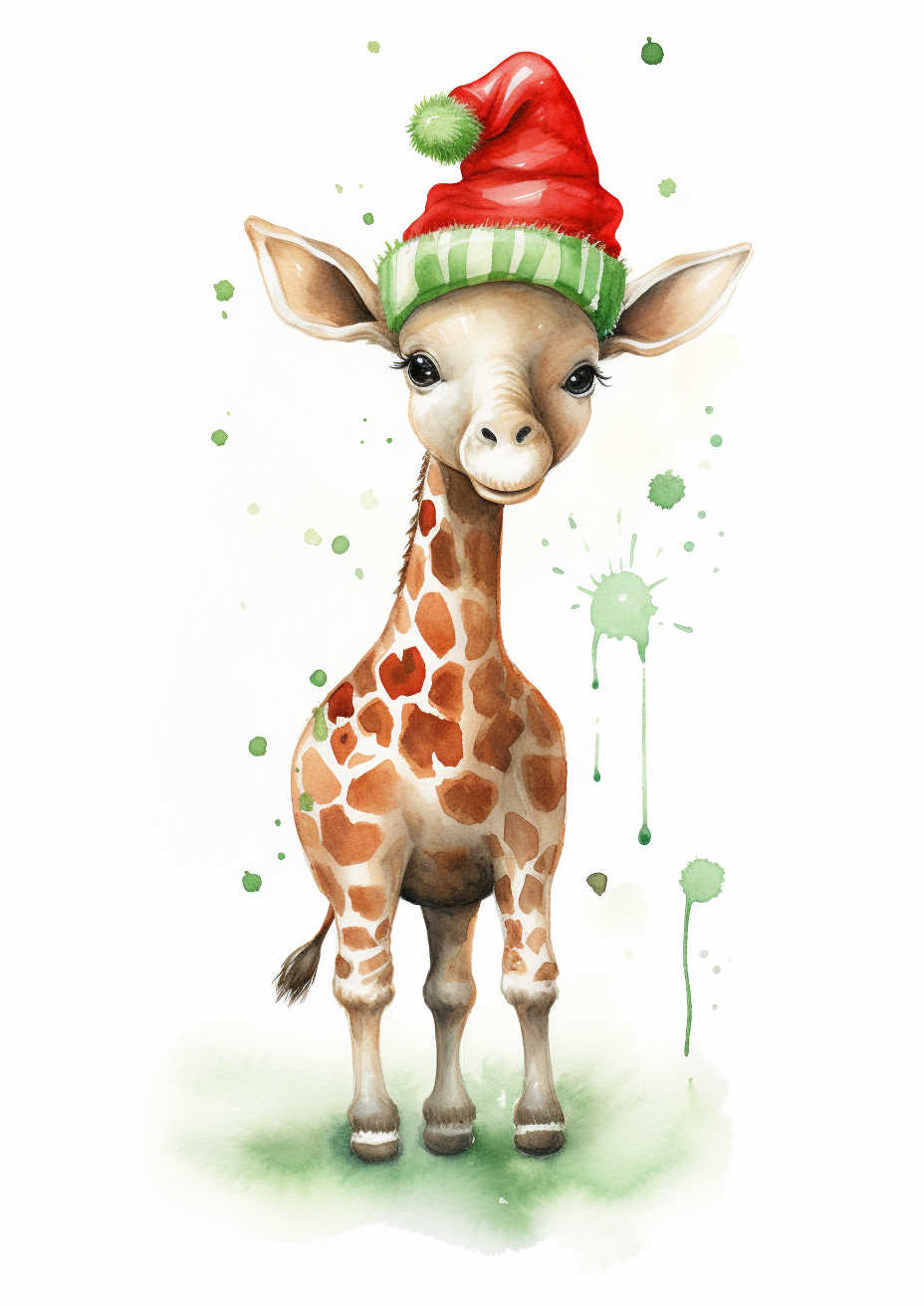 Watercolour-style Baby Giraffe with Christmas Hat