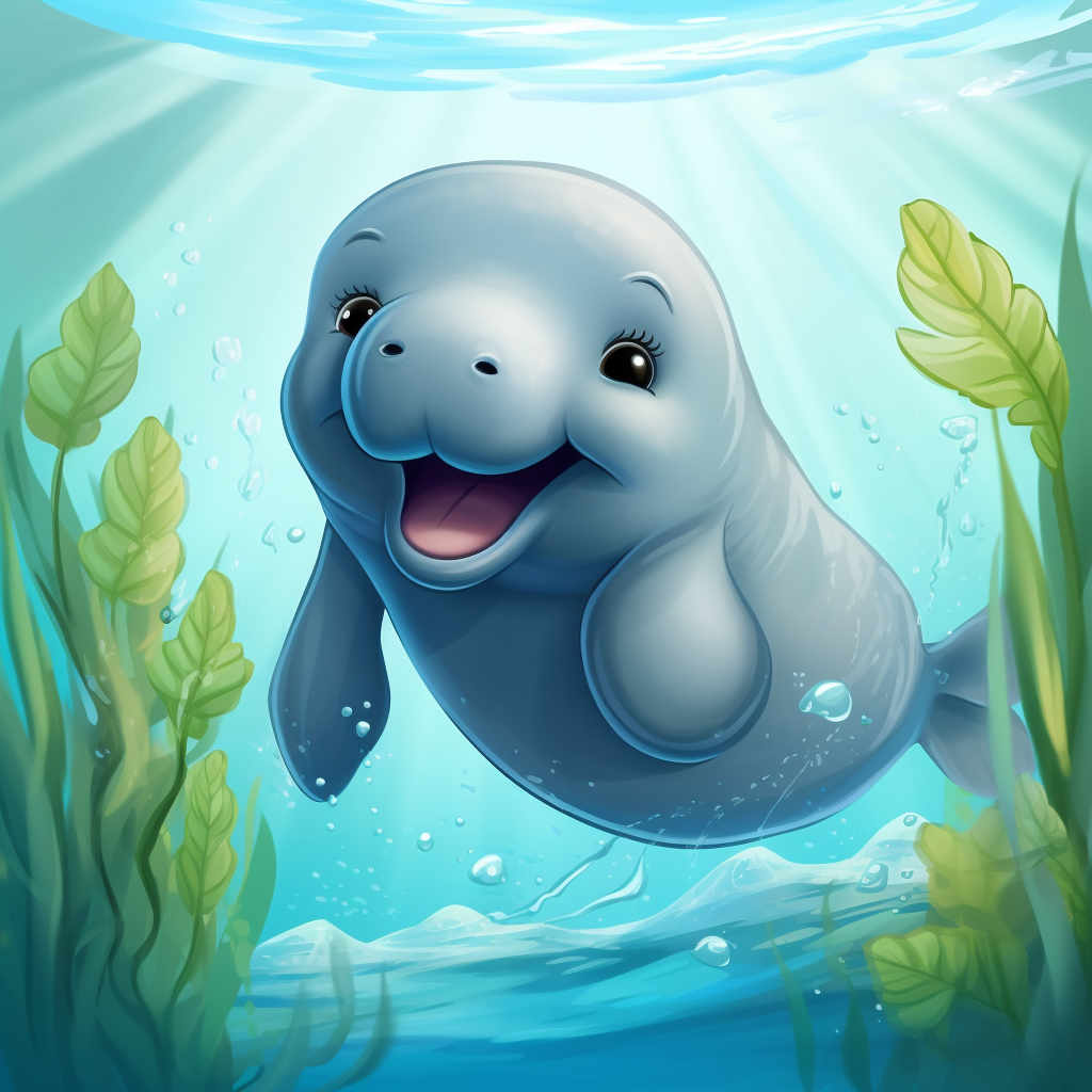 Cute baby manatee smiling underwater